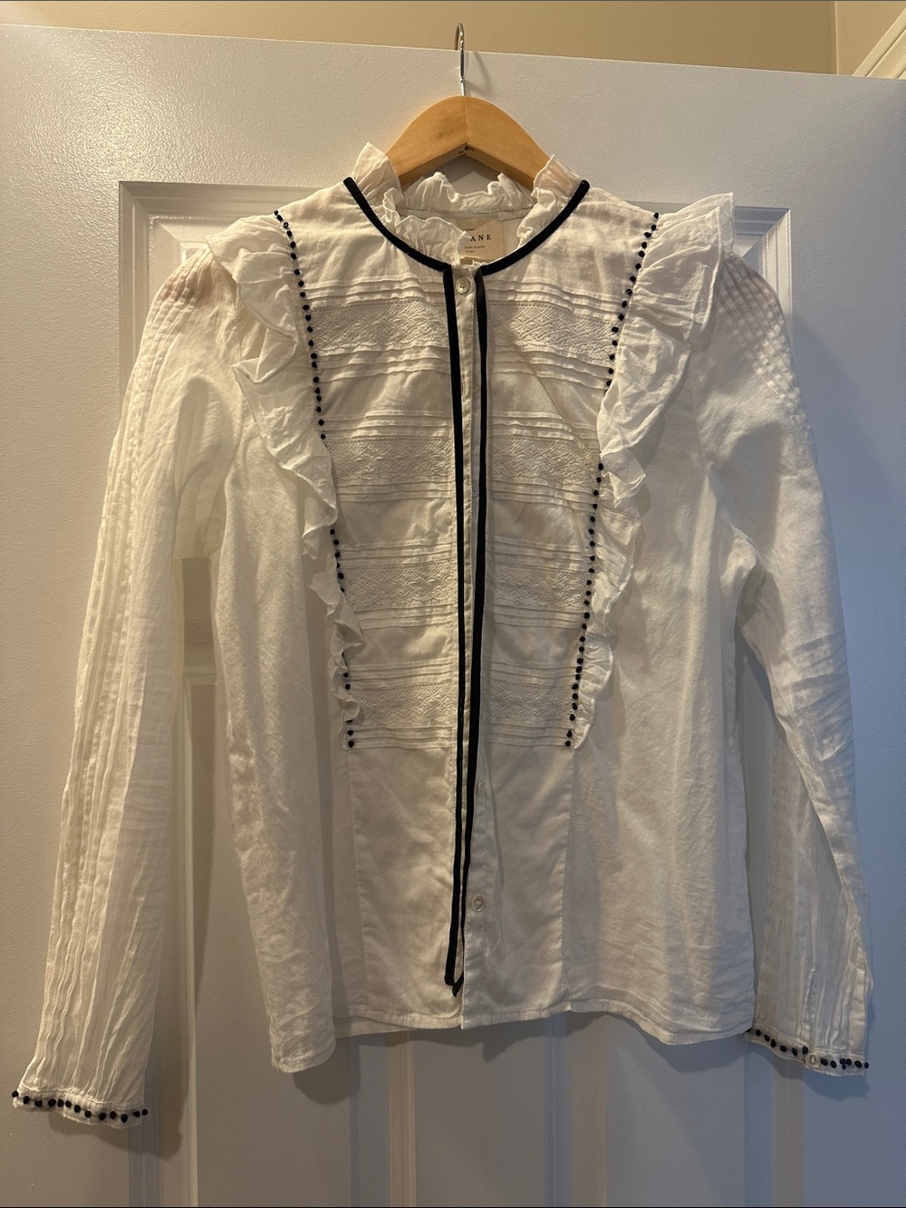 Sezane White Ruffled Button-Up Blouse with Black Velvet Trim